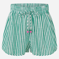 Saída de Praia Short em Tricoline Listrado com Frutinha de Miçanga Verde