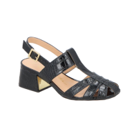 SANDÁLIA DE BICO ARREDONDADO COM RECORTES EM COURO CROCO PRETO DE SALTO BLO