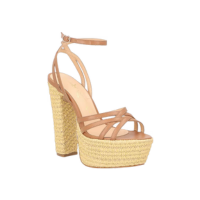 SANDÁLIA MEIA PATA COM SALTO BLOCO ALTO DE RÁFIA EM COURO CARAMELO