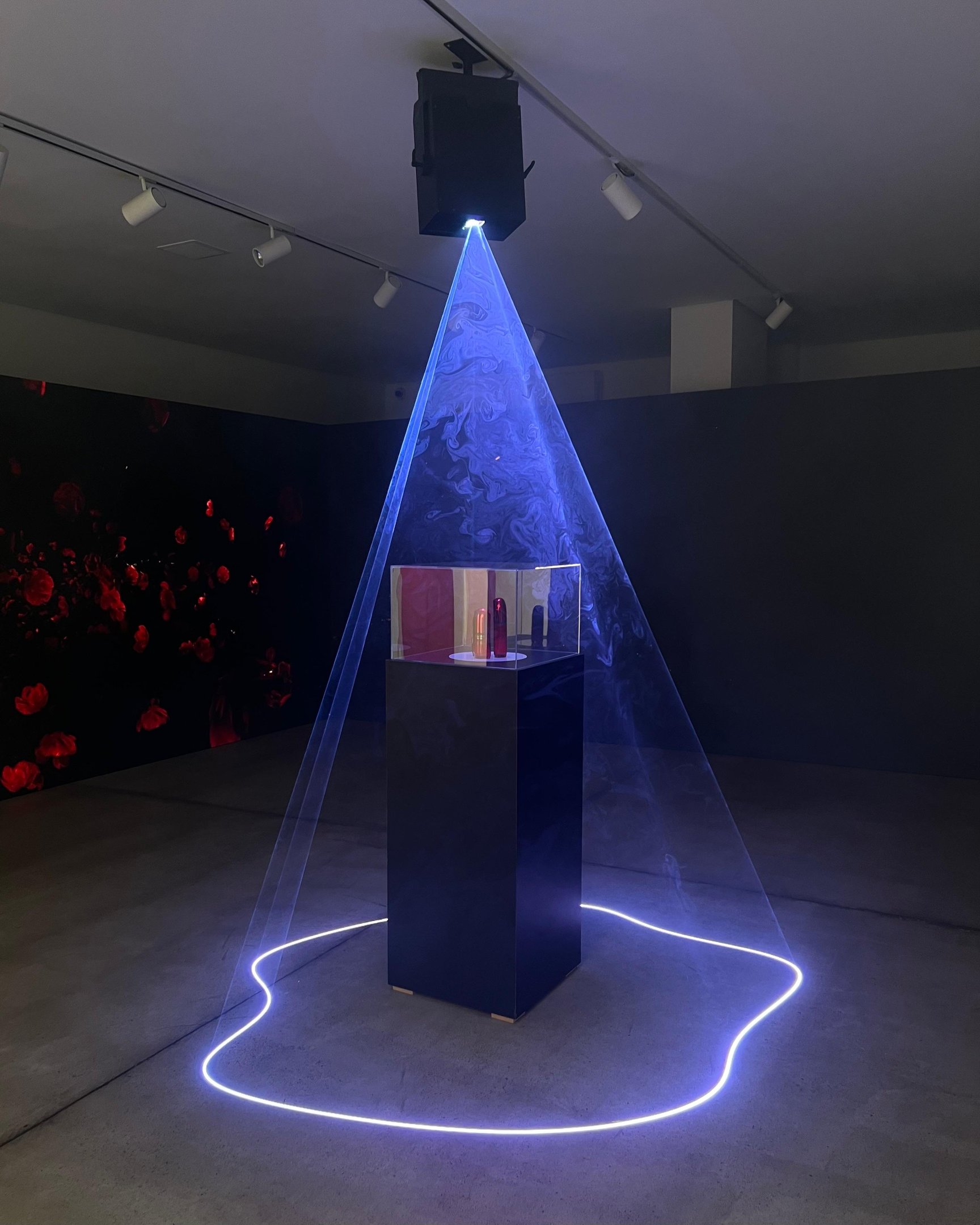 Produtos Shiseido expostos sob luz azul em um pedestal cercado por um círculo luminoso.