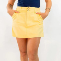 Short Saia Feminino Linho Cintura Alta Off Amarelo Preto Anticorpus - Amare