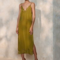 Vestido De Seda Midi Slip Com Strass e Renda Verde Moss