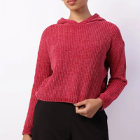 Suéter Feminino Cropped Tricô Chenille Com Capuz Vermelho