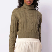 Suéter Feminino Tricô Gola Alta Trançado Verde