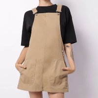 Salopete Sarja Feminina Curta Bolso Botões Bege