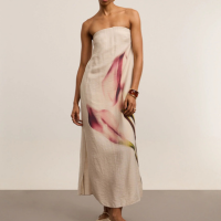 Vestido Midi Tomara que Caia em Crepe com Estampa Floral Bege