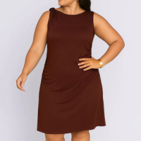 Vestido Plus Size Feminino Midi Viscose com Franzido Marrom