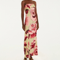 Vestido Longo Sem Alça Estampado Rosas Pintadas