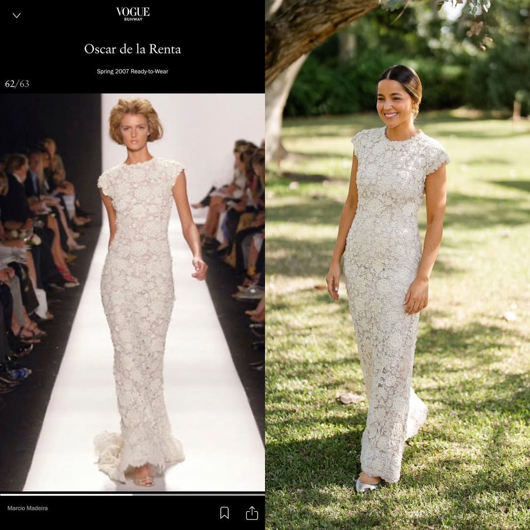 Modelo vestindo um vestido rendado de Oscar de la Renta na passarela e ao ar livre.