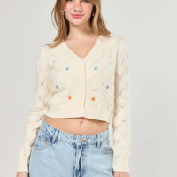 Cardigan Tricô Off-white Com Flores Coloridas