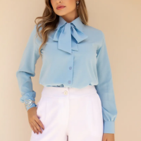 Camisa Feminina Fácil De Passar Crepe Com Laço Chic Fofa
