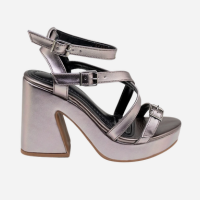 Sandália Feminina Meia Pata Salto Grosso Tiras 15100 Prata