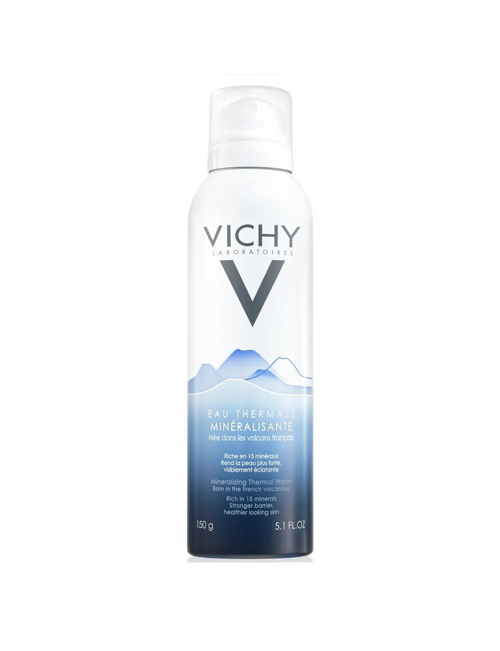 A imagem apresenta um frasco de água termal da marca Vichy, com design moderno e minimalista. O recipiente é predominantemente branco, com detalhes em azul que evocam a pureza e a frescura da água.