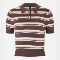 Blusa em Tricô Listrado e Gola Polo Marrom