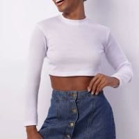 Blusa Feminina Cropped Canelada Manga Longa Branca