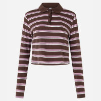 Blusa Listrada com Gola Polo e Manga Longa Marrom