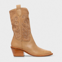 Bota Western Bordado Salto Bloco Couro Bege Toffee