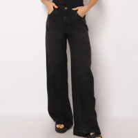 Calça Jeans Feminina Wide Leg Cós com Elástico Bolsos Preta