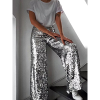 Calça Paetê Pantalona Forrada de Elástico Cintura Alta Brilho Lantejoula Fe