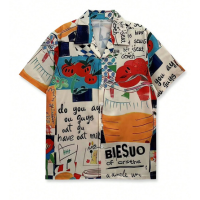 Camisa Estampada com Design Retrô de Frutas e Letras, Unissex, Adequada par