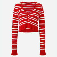 Cardigan Listrado em Tricô com Decote V Vermelho