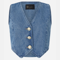 Colete em Jeans com Botões e Barra em V Azul Médio