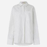 Camisa Maxi Oversized em Tricoline com Gravata e Listras de Fio Tinto Branc