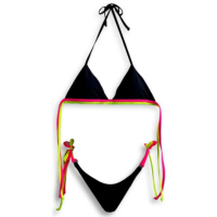 Conjunto Biquíni Amarração Neon e Short Tactel Moda Praia - Preto+Rosa