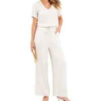 Conjunto Blusa e Calça Pantalona Lisa Feminina em Linho com Viscose Elegant