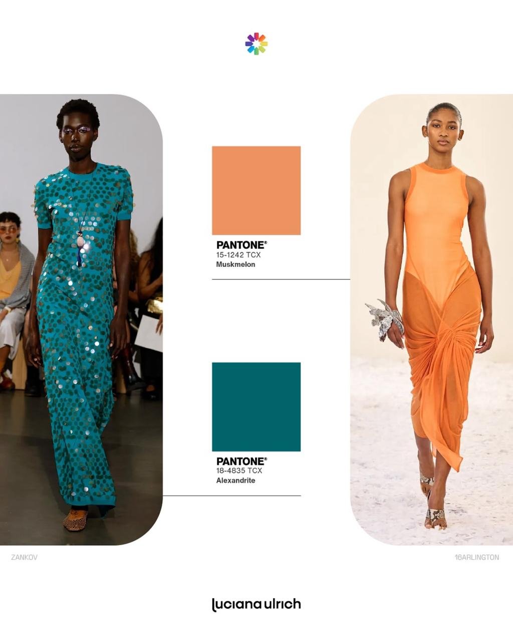 Modelos em vestidos de tons Pantone Alexandrite e Muskmelon, representando cores da primavera verão 2026.