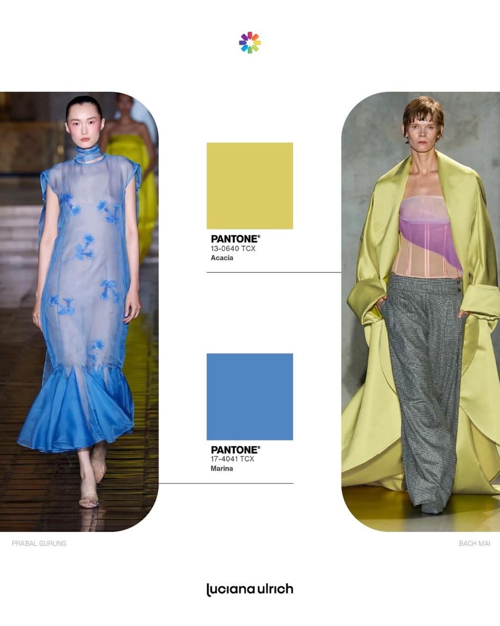 Modelos apresentam cores da primavera-verão 2026: vestido azul Marina e casaco Acácia amarelado.