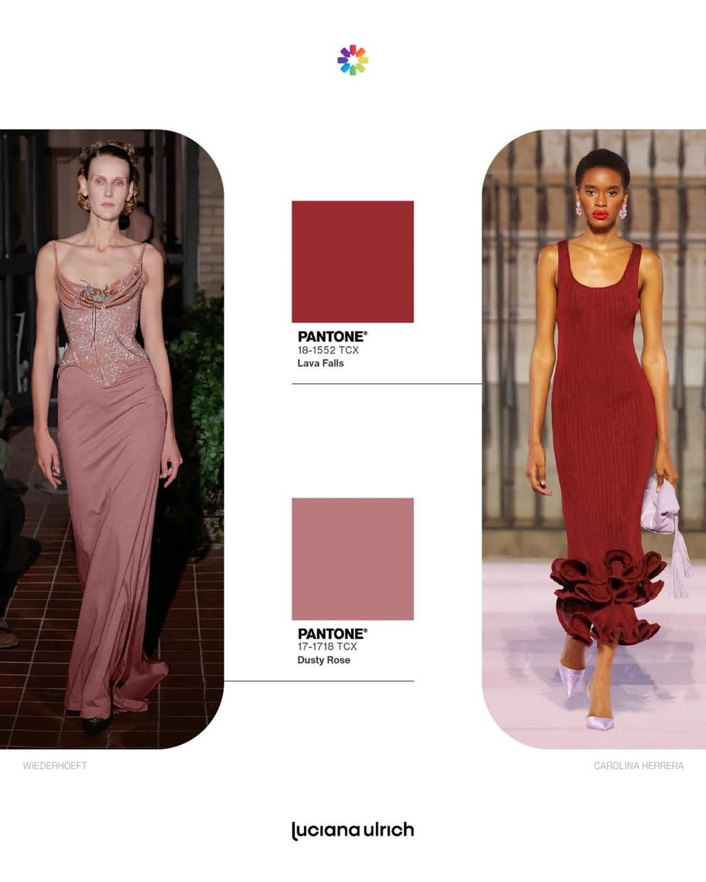 Modelos desfilam vestidos em tons Lava Falls e Dusty Rose, referências de cores da primavera-verão 2026.