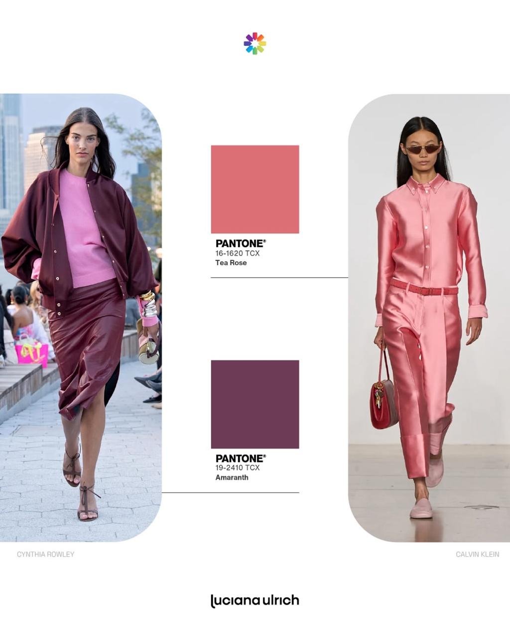 Modelos desfilam com roupas nas cores rosa chá e amaranto, tendências da paleta primavera/verão 2026.