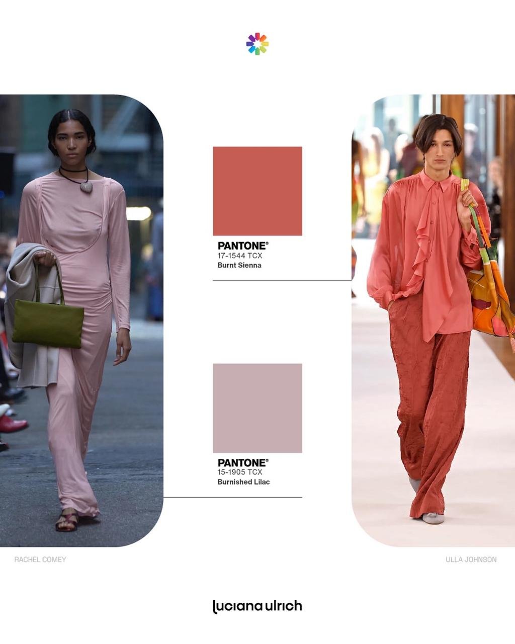 Modelos vestem roupas em tons Burnished Lilac e Burnt Sienna, cores da primavera-verão 2026, com fundo urbano e passarela.