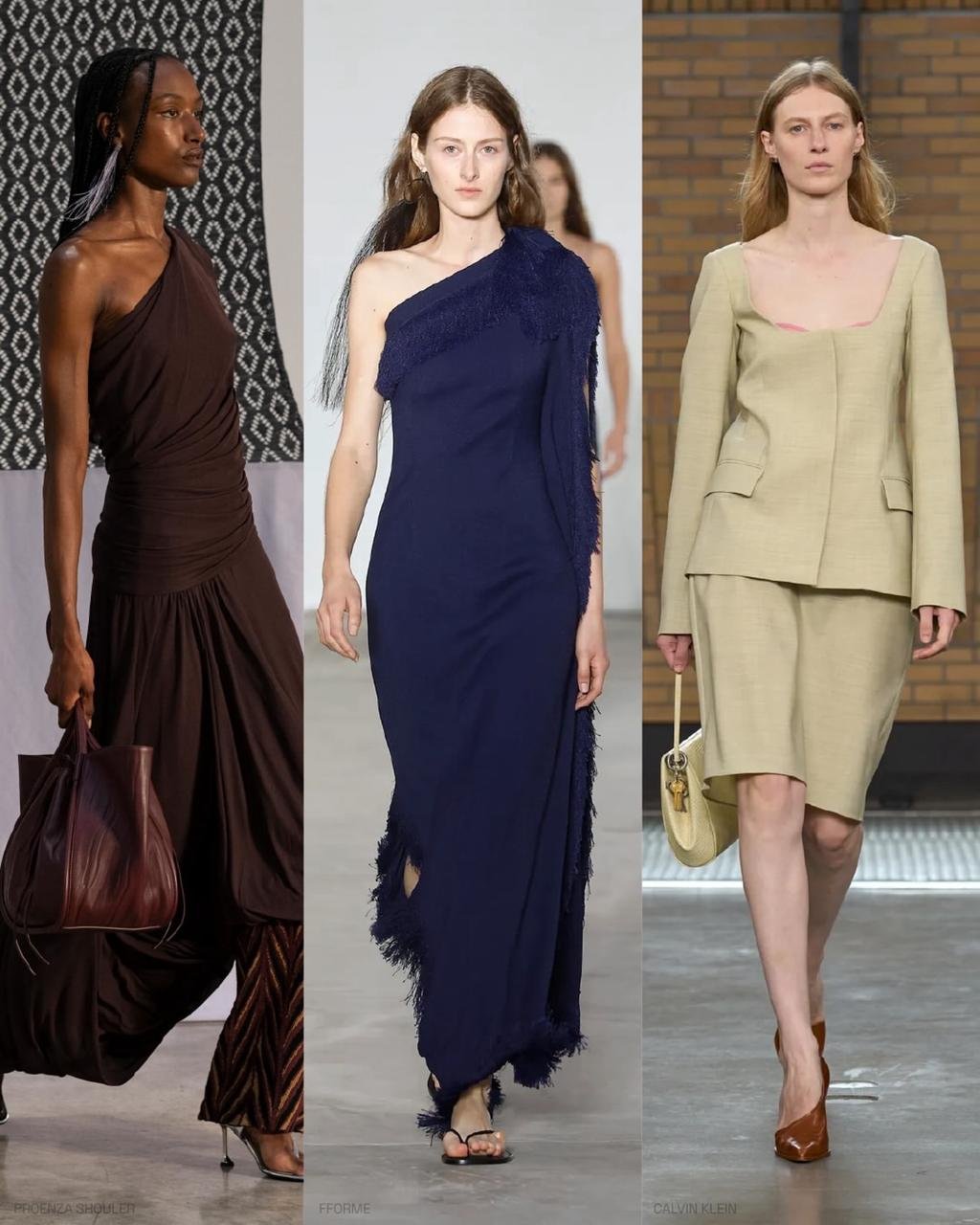 Modelos desfilando com roupas das coleções primavera-verão 2026 em cores terrosas e azul escuro.