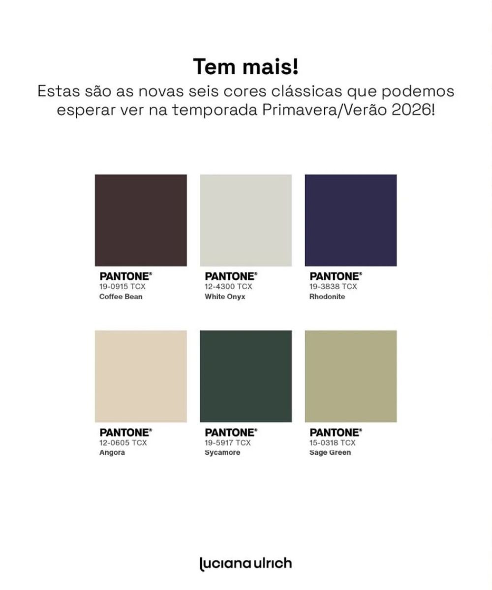 Seis cores da primavera verão 2026: Coffee Bean, White Onyx, Rhodonite, Angora, Sycamore e Sage Green.