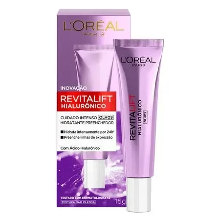 O creme para área dos olhos da L'Oréal Paris, da linha Revitalift, destaca-se pela sua embalagem em tons de roxo e prateado. Com 15g, promete hidratação intensa por 24 horas e ação preenchedora de linhas de expressão, graças ao ácido hialurônico. Ideal p