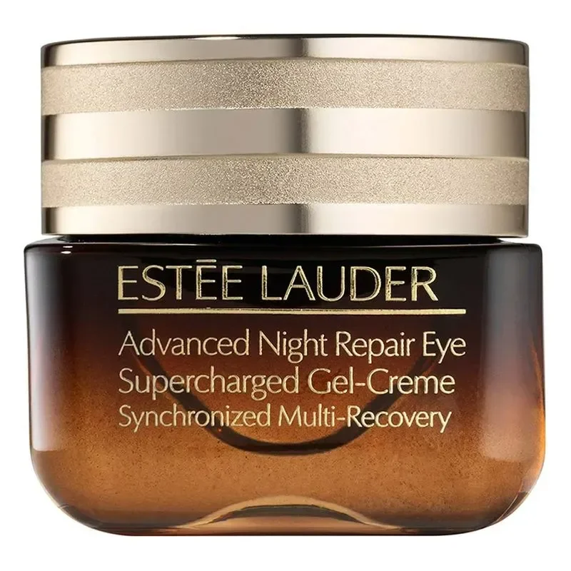 O creme para área dos olhos Estee Lauder apresenta um design sofisticado, com um frasco de vidro escuro e uma tampa dourada texturizada. Este produto, conhecido como