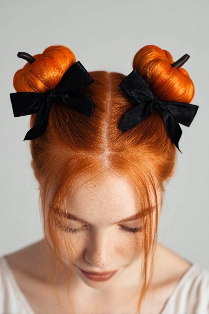 Penteados de Halloween ganham destaque com este visual criativo. O cabelo laranja em formato de coques é adornado com pequenos detalhes que imitam abóboras, complementados por laços pretos. A combinação traz um ar festivo e divertido, ideal para a celebra