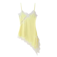HH Women Elegant Yellow Lace V Neck Mini Dress Sexy Lady Backless Sleeveles