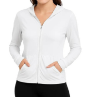 Jaqueta feminina esportiva Dry respirável com capuz bolsos leve - Branco