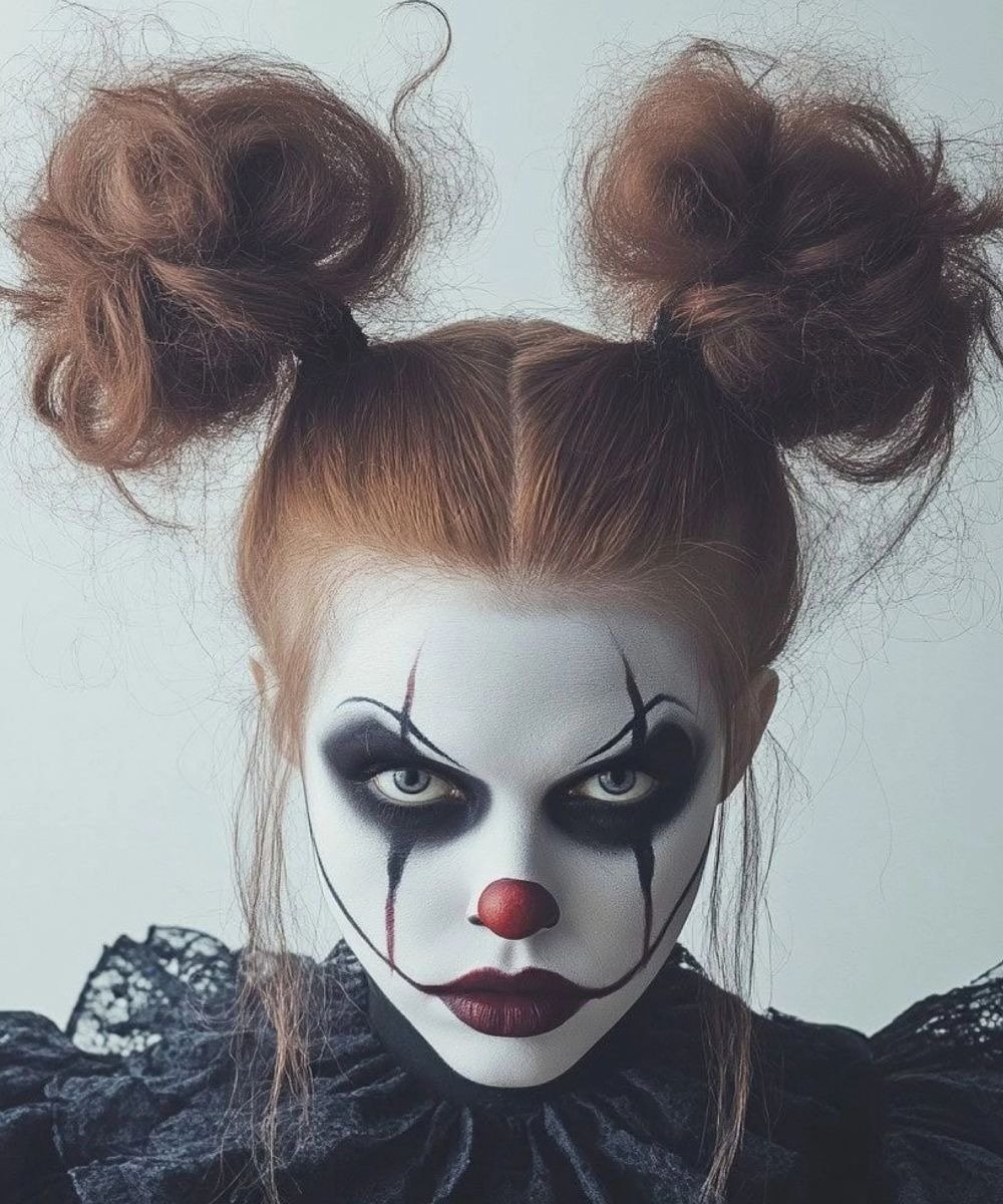 A maquiagem para o Halloween apresenta uma estética de palhaço de It a coisa, com pele branca e contornos dramáticos.