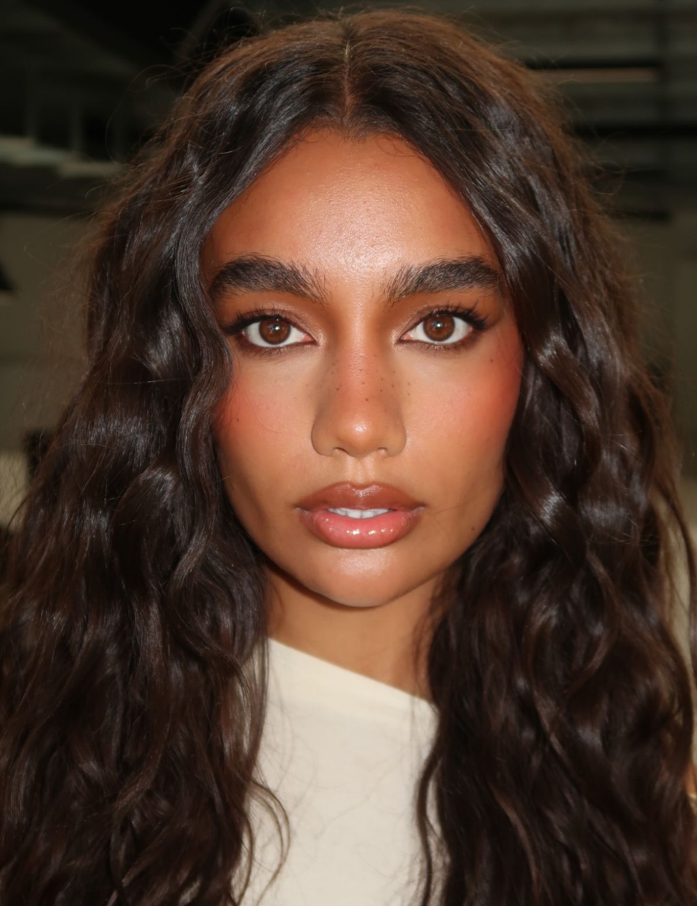 A maquiagem marrom apresenta um visual sofisticado e natural, evidenciado pelo contorno suave do rosto e pelos tons quentes. Os olhos, destacados com sombras marrons, criam profundidade, enquanto o blush em tons terrosos proporciona um ar saudável.