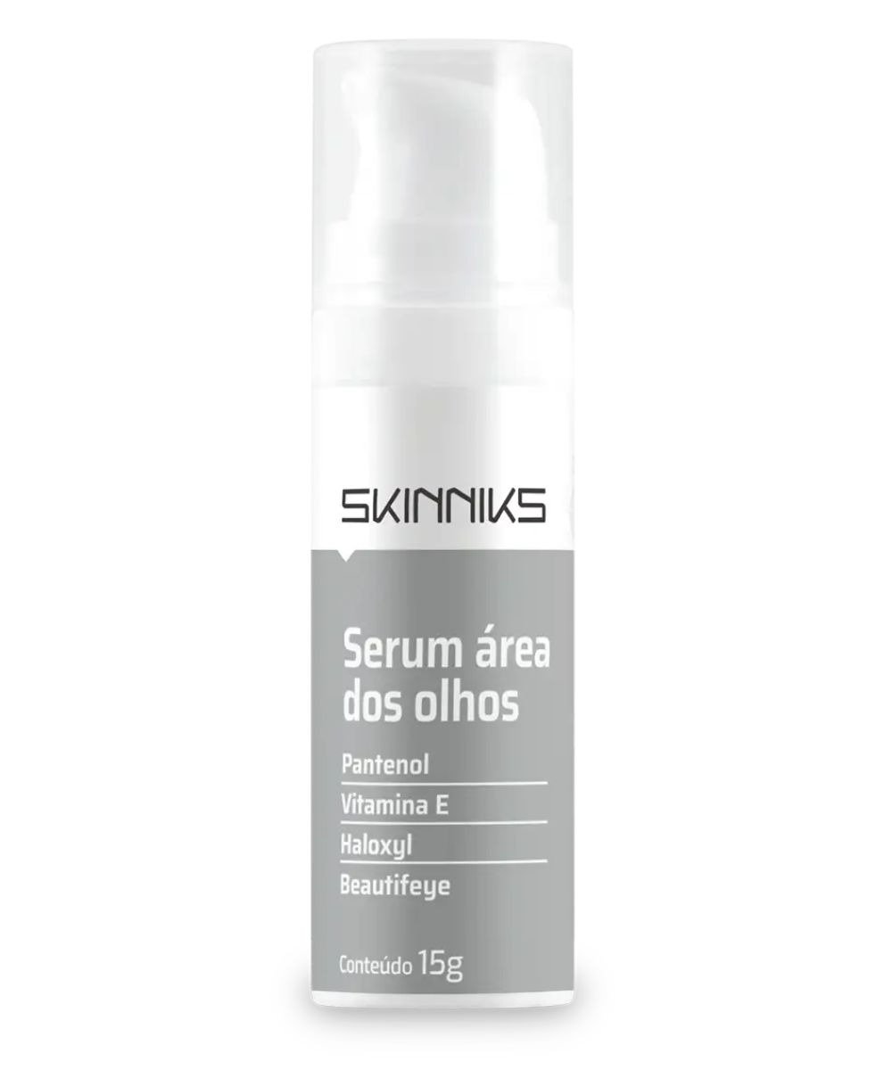 O creme para área dos olhos da Skinniks é apresentado em um frasco elegante, com design minimalista em tons de branco e cinza.