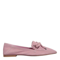 Mocassim Couro Camurça Rosa Bico Quadrado Laço