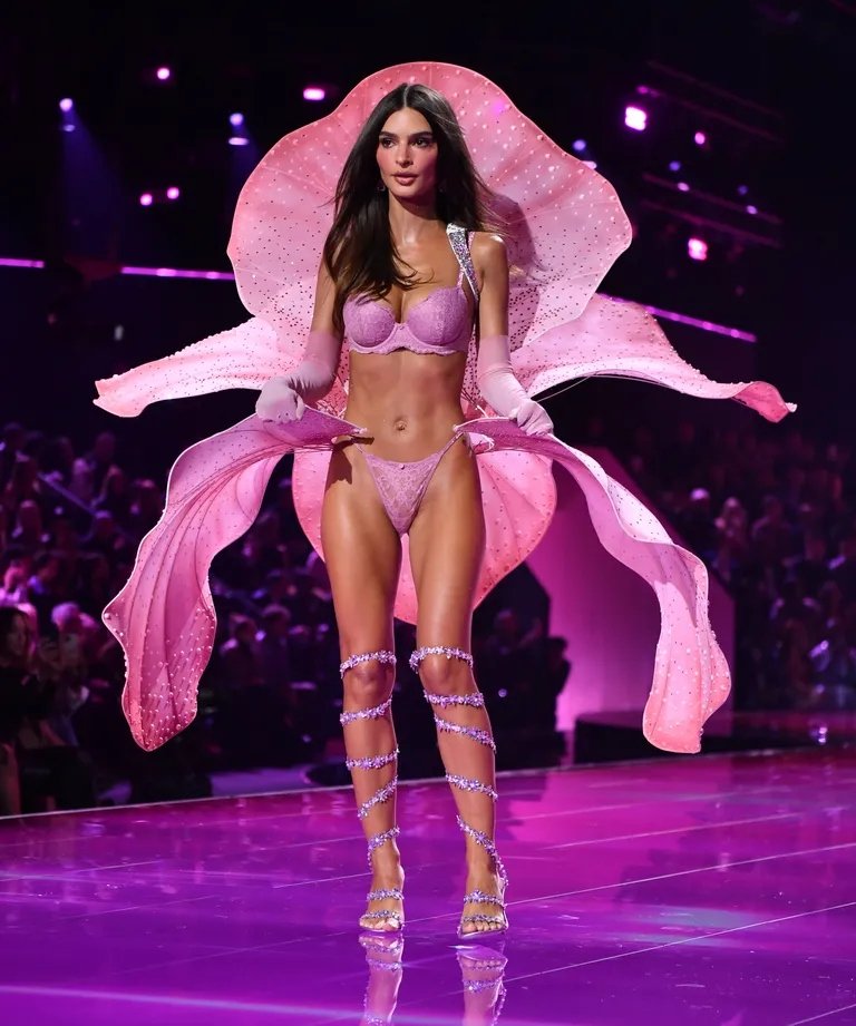 Modelo com penteado liso solto, usa lingerie rosa e asas de tecido brilhante em desfile iluminado por luzes roxas.