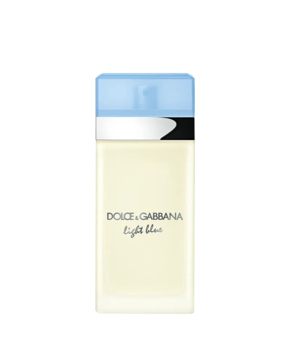 Frasco de perfume retangular com tampa azul claro, ideal para usar no verão.