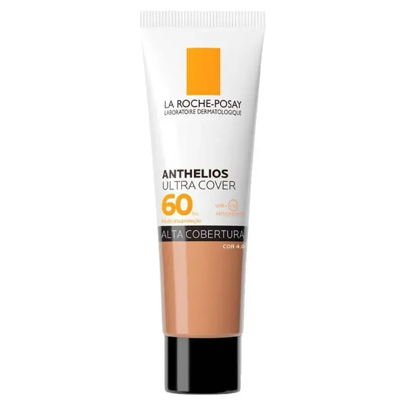 O melhor protetor solar para o rosto é o Anthelios Ultra Cover da La Roche-Posay, com fator de proteção 60. O tubo apresenta um design clean, destacando a cor laranja e informações sobre alta cobertura. Ideal para quem busca proteção solar eficaz, ele tam