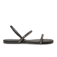 Rasteira Preta Tiras Strass Bico Redondo