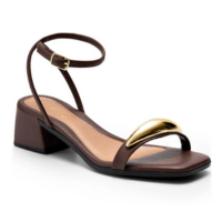 Sandália Feminina Lumiss Salto Baixo Bloco Enfeite Metalizado Marrom